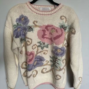 Vintage Karen Scott |small Floral Cottage Grandma Core Knit Ramie Cotton Sweater